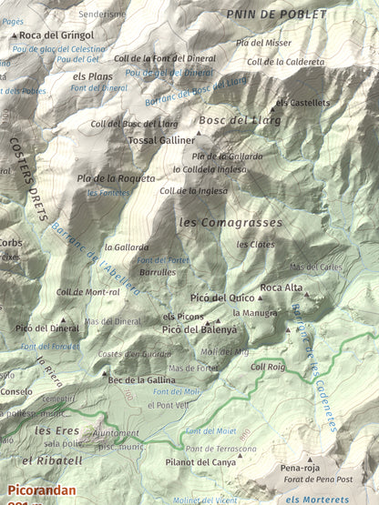 Mapa de relieve de Picorandan, 991 m, Baix Camp, lámina 100 Cims de Trobart. Detalle de la zona superior derecha. 30 × 40 cm.