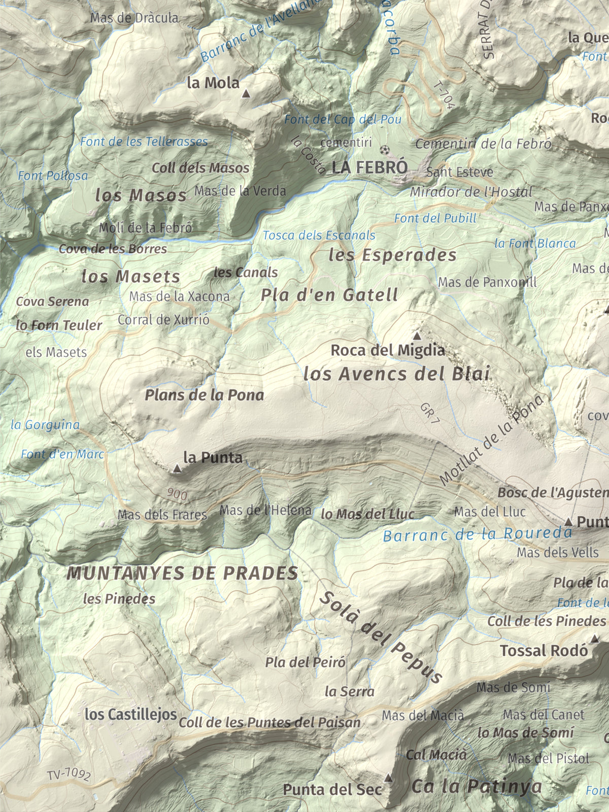 Mapa de relieve de Picorandan, 991 m, Baix Camp, lámina 100 Cims de Trobart. Detalle de la zona inferior izquierda. 30 × 40 cm.