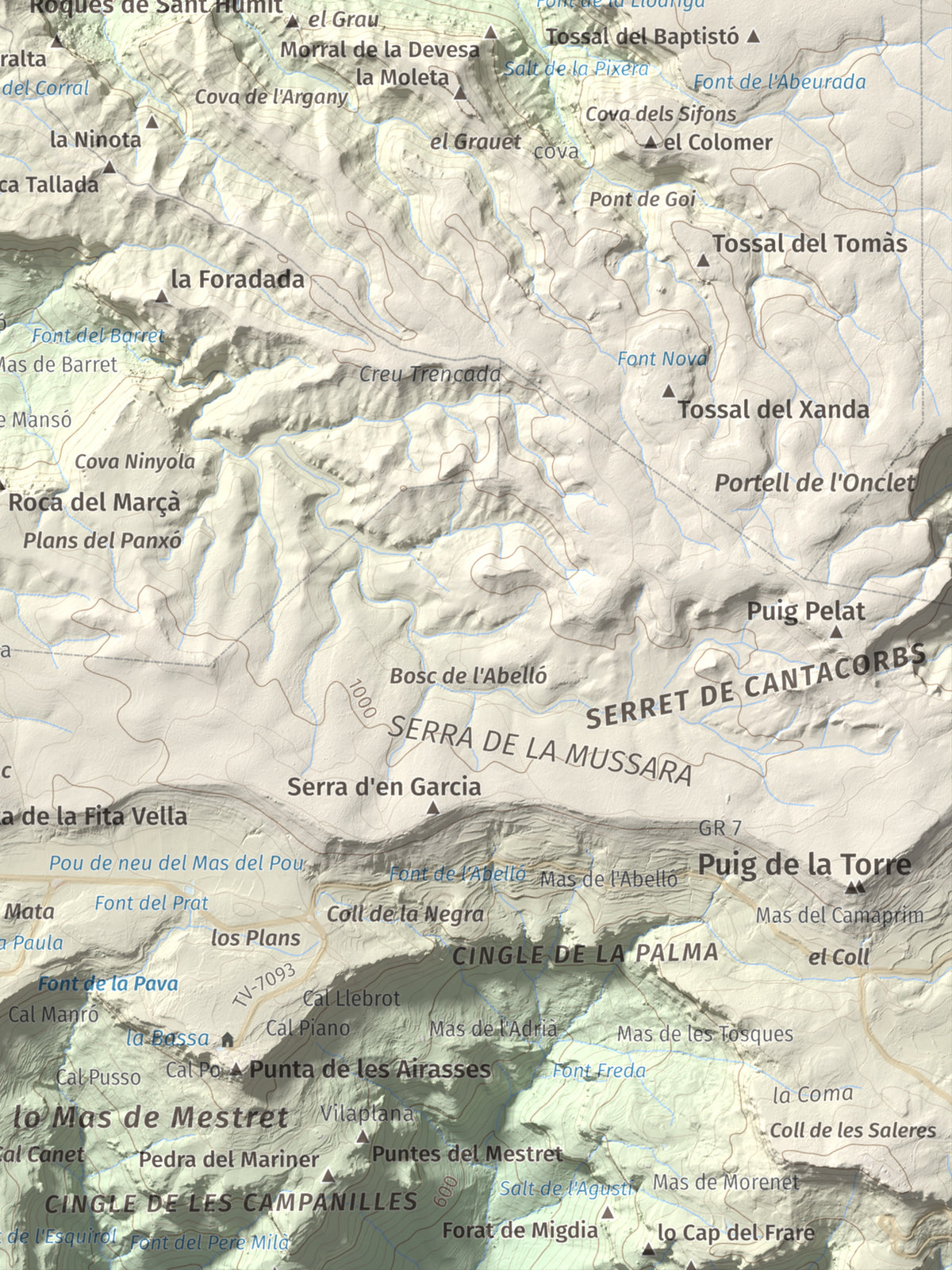 Mapa de relieve de Picorandan, 991 m, Baix Camp, lámina 100 Cims de Trobart. Detalle de la zona inferior derecha. 30 × 40 cm.