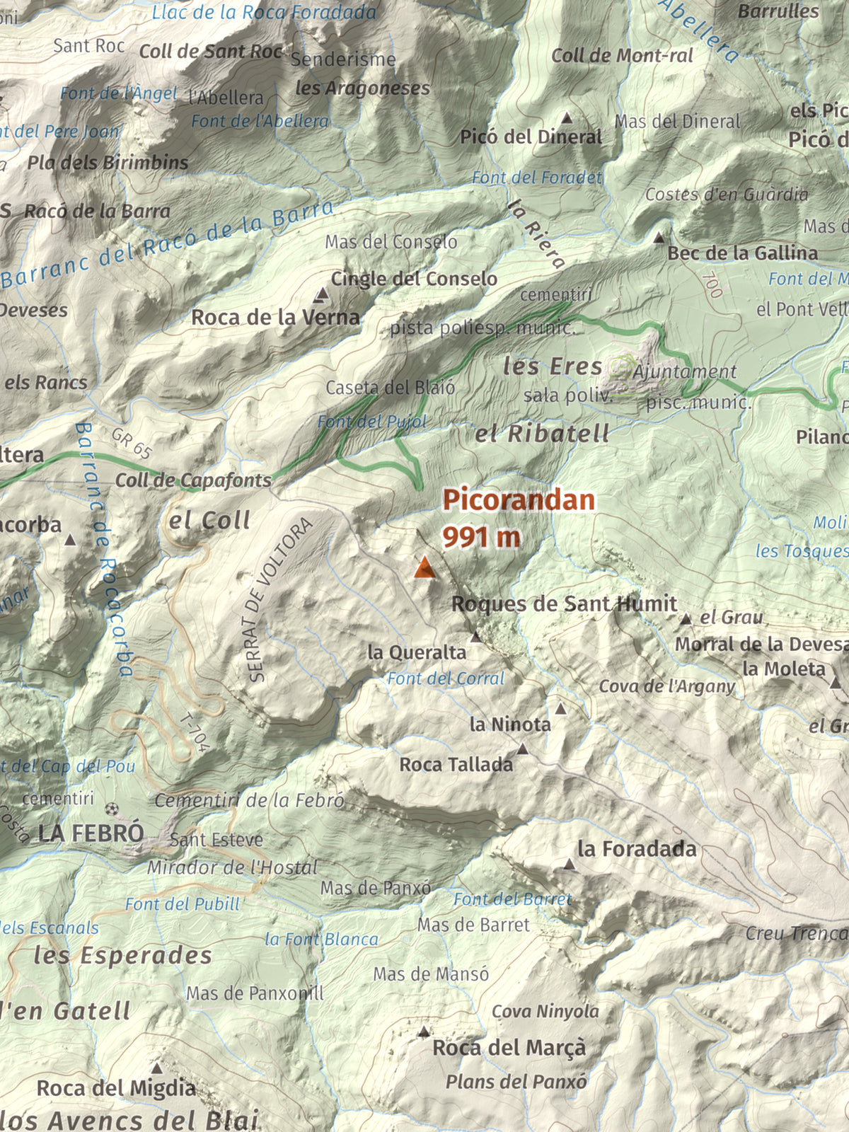 Mapa de relieve de Picorandan, 991 m, Baix Camp, lámina 100 Cims de Trobart. Detalle de la zona central. 30 × 40 cm.