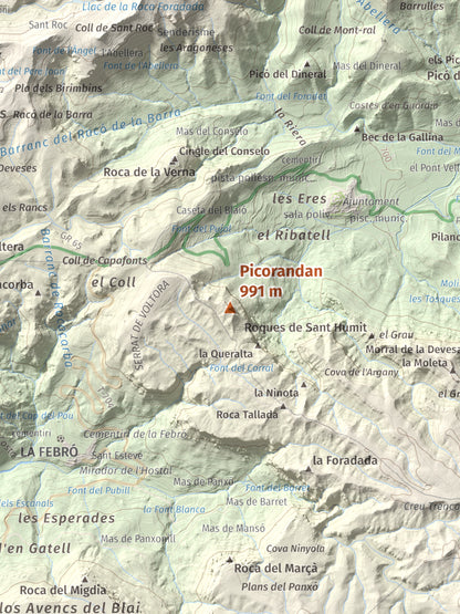 Mapa de relieve de Picorandan, 991 m, Baix Camp, lámina 100 Cims de Trobart. Detalle de la zona central. 30 × 40 cm.