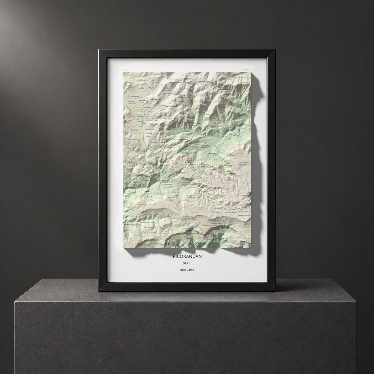 Mapa de relieve de Picorandan, 991 m, Baix Camp, lámina 100 Cims de Trobart. Presentación enmarcada. 50 × 70 cm.