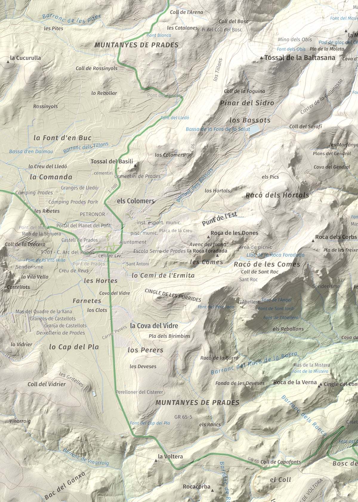 Mapa de relieve de Picorandan, 991 m, Baix Camp, lámina 100 Cims de Trobart. Detalle de la zona superior izquierda. 50 × 70 cm.