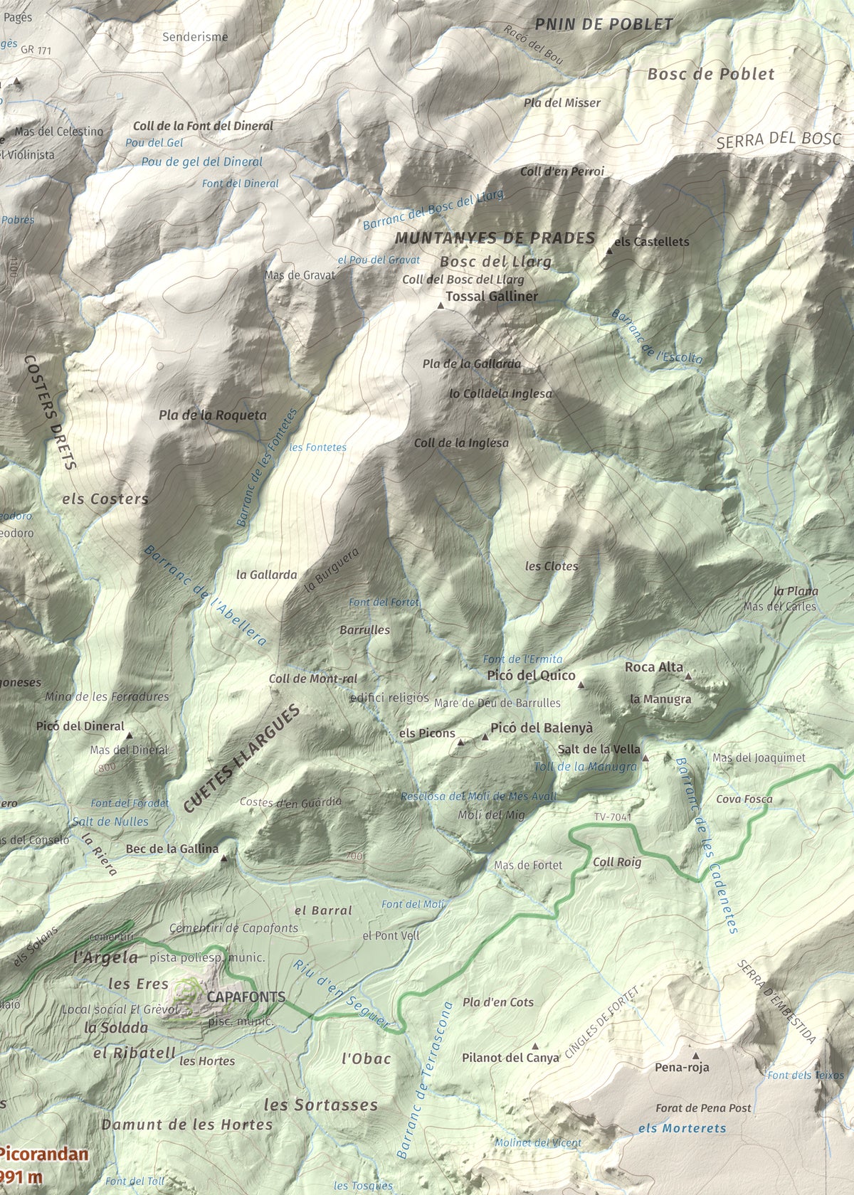 Mapa de relieve de Picorandan, 991 m, Baix Camp, lámina 100 Cims de Trobart. Detalle de la zona superior derecha. 50 × 70 cm.