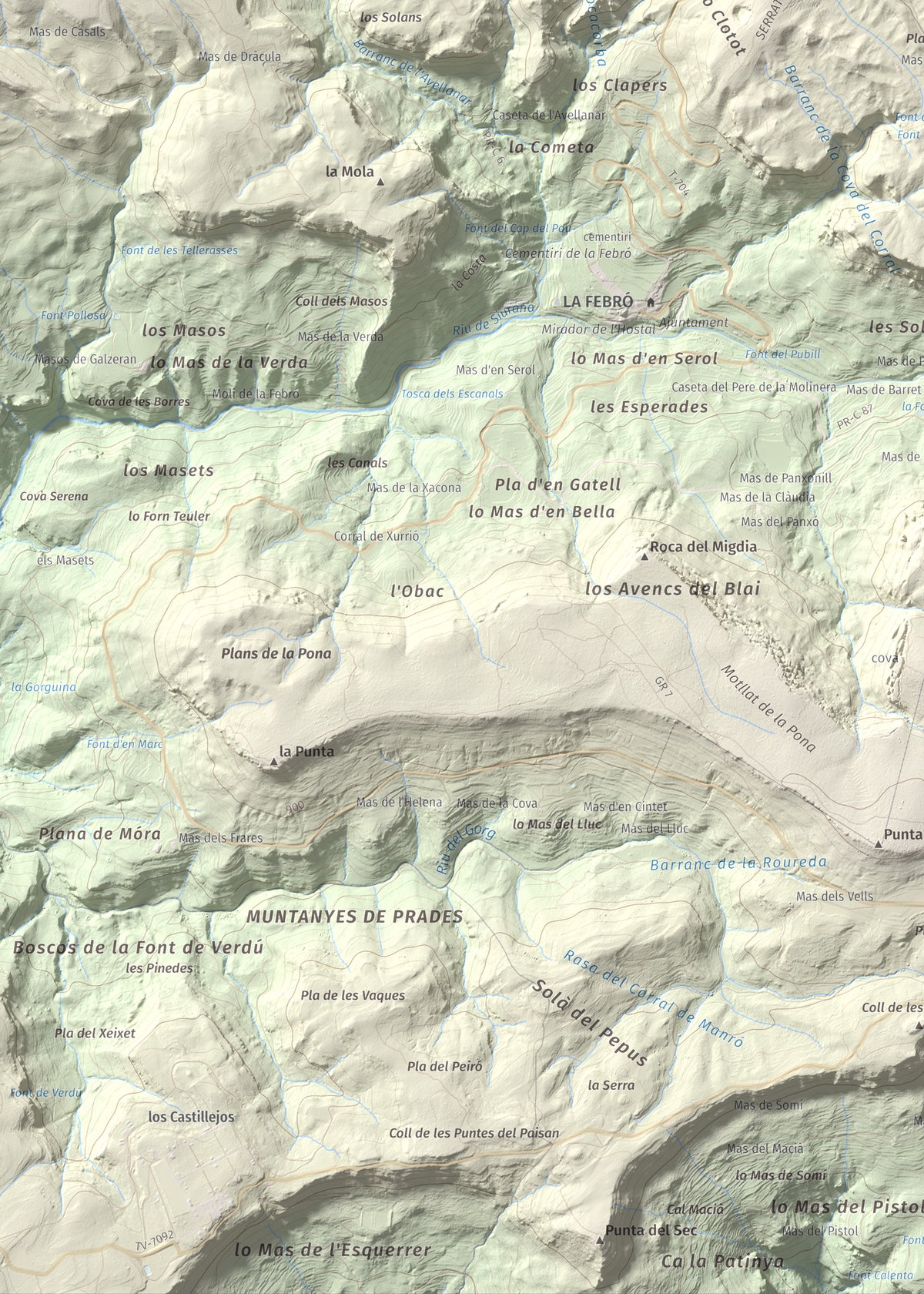 Mapa de relieve de Picorandan, 991 m, Baix Camp, lámina 100 Cims de Trobart. Detalle de la zona inferior izquierda. 50 × 70 cm.
