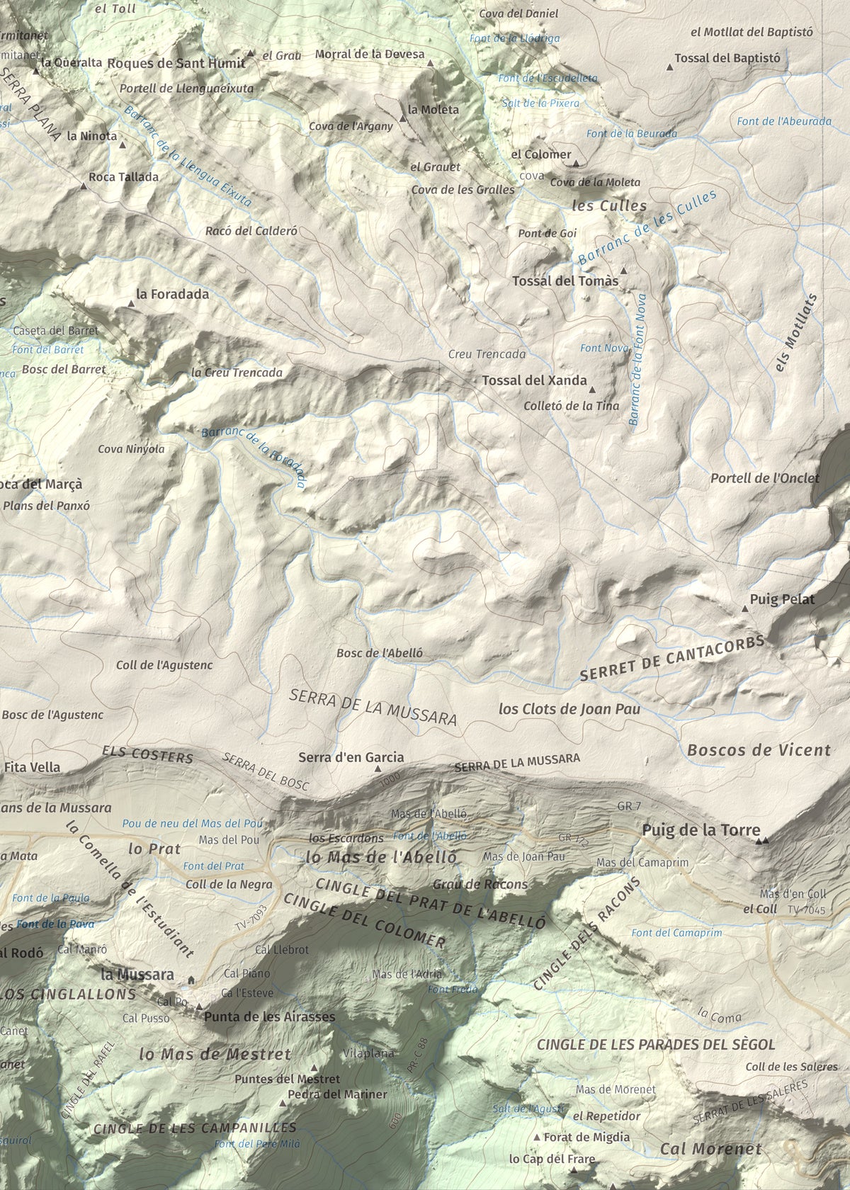 Mapa de relieve de Picorandan, 991 m, Baix Camp, lámina 100 Cims de Trobart. Detalle de la zona inferior derecha. 50 × 70 cm.