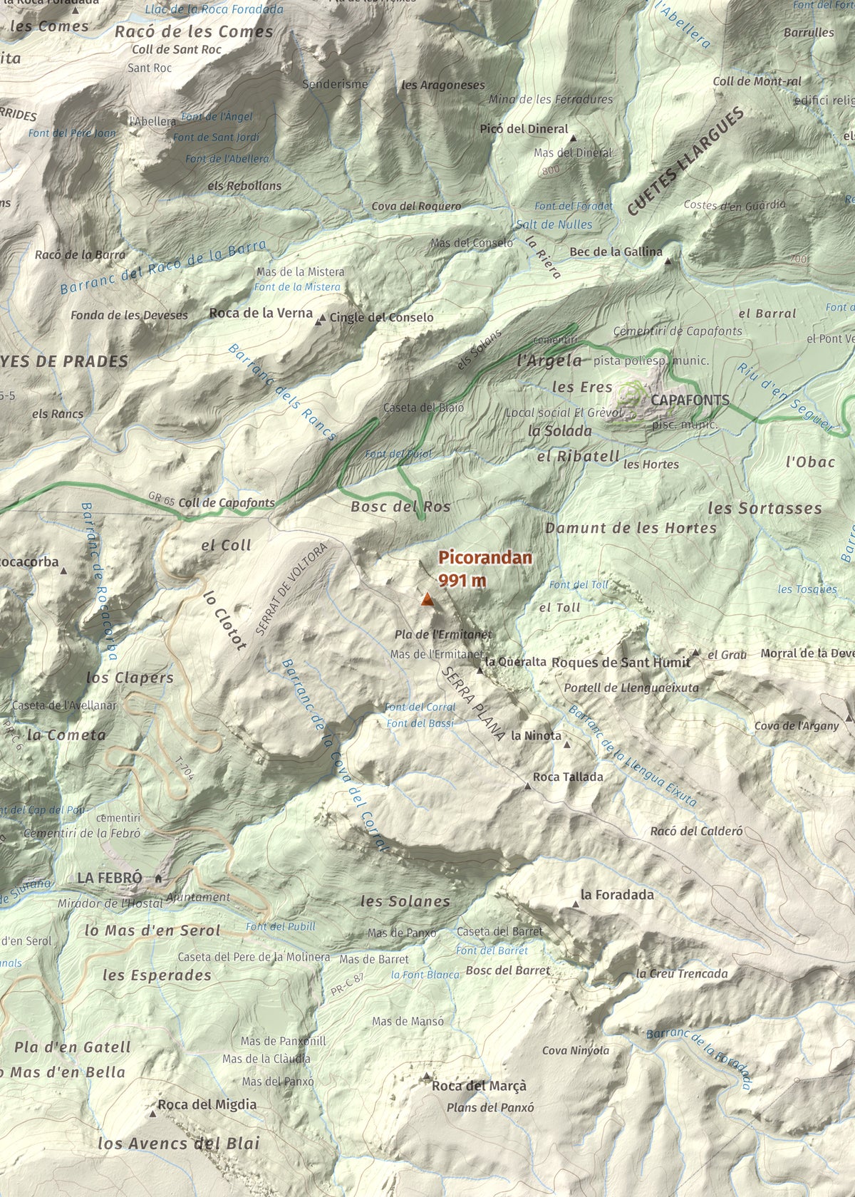 Mapa de relieve de Picorandan, 991 m, Baix Camp, lámina 100 Cims de Trobart. Detalle de la zona central. 50 × 70 cm.