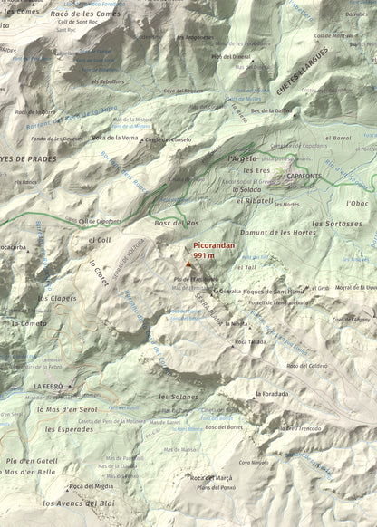 Mapa de relieve de Picorandan, 991 m, Baix Camp, lámina 100 Cims de Trobart. Detalle de la zona central. 50 × 70 cm.