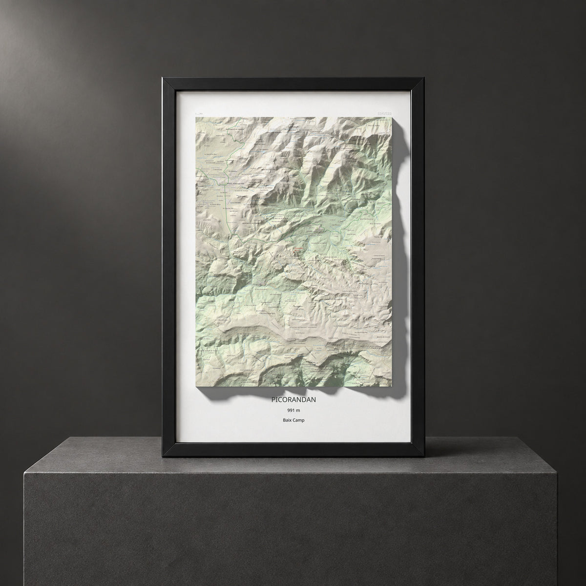Mapa de relieve de Picorandan, 991 m, Baix Camp, lámina 100 Cims de Trobart. Presentación enmarcada. 61 × 91 cm.