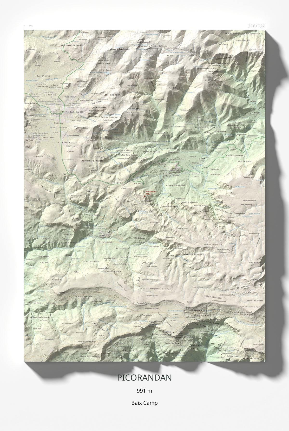 Mapa de relieve de Picorandan, 991 m, Baix Camp, lámina 100 Cims de Trobart 61 × 91 cm.