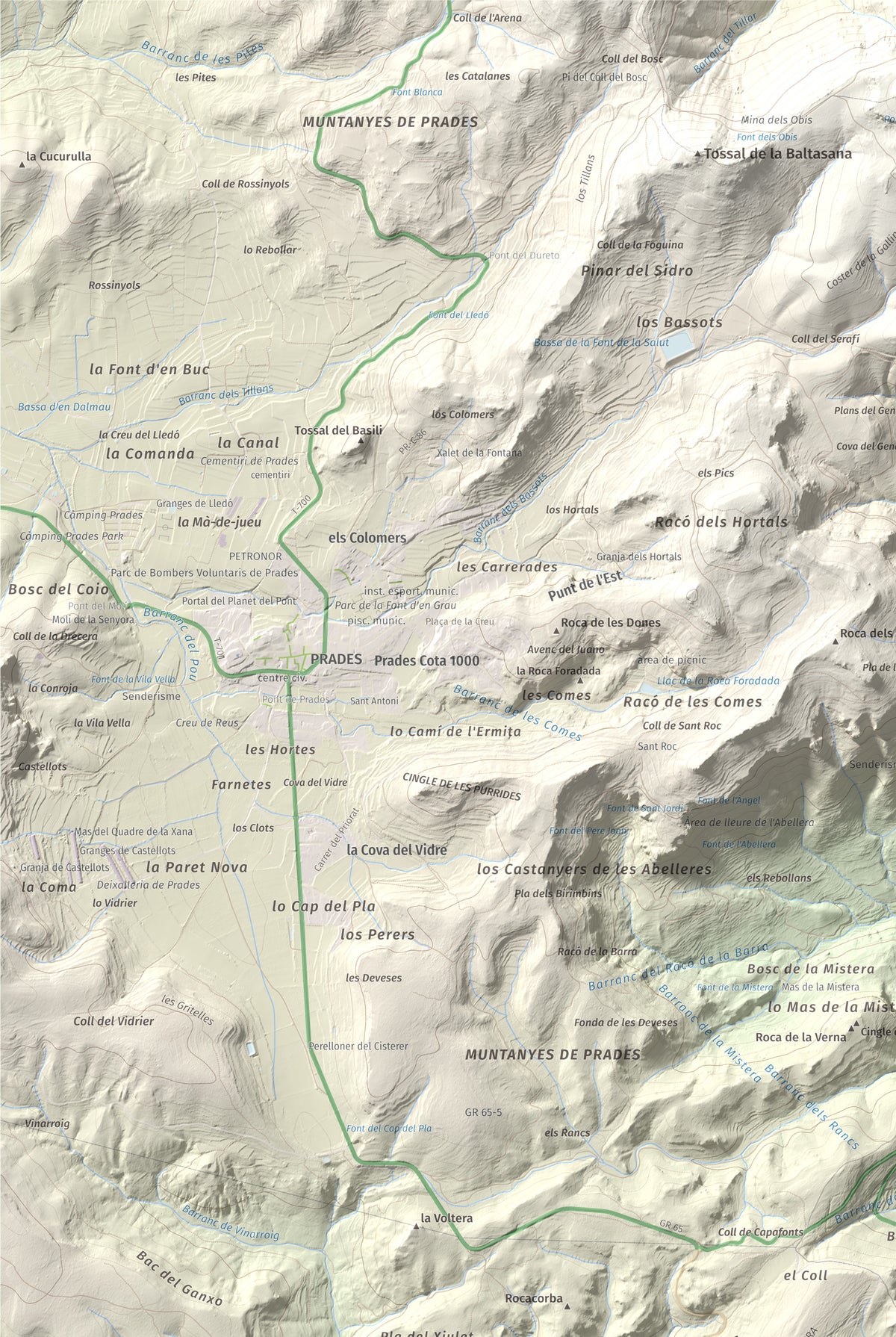 Mapa de relieve de Picorandan, 991 m, Baix Camp, lámina 100 Cims de Trobart. Detalle de la zona superior izquierda. 61 × 91 cm.