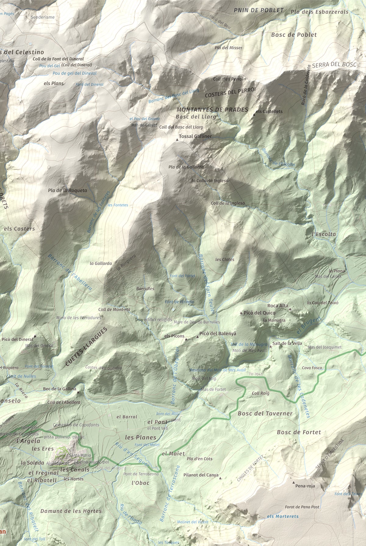 Mapa de relieve de Picorandan, 991 m, Baix Camp, lámina 100 Cims de Trobart. Detalle de la zona superior derecha. 61 × 91 cm.