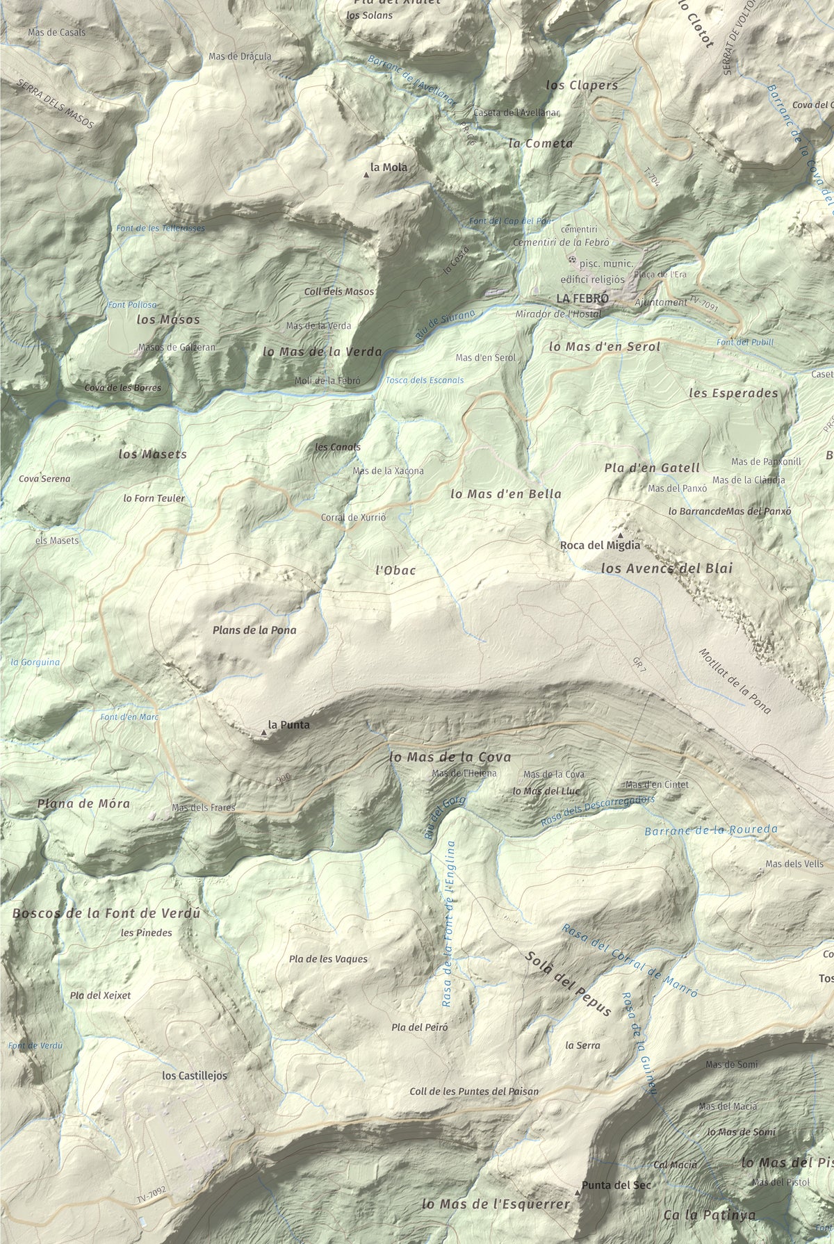 Mapa de relieve de Picorandan, 991 m, Baix Camp, lámina 100 Cims de Trobart. Detalle de la zona inferior izquierda. 61 × 91 cm.