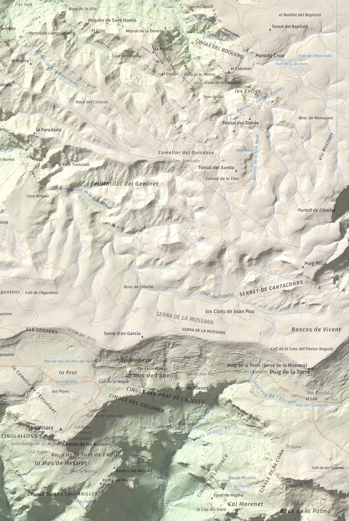 Mapa de relieve de Picorandan, 991 m, Baix Camp, lámina 100 Cims de Trobart. Detalle de la zona inferior derecha. 61 × 91 cm.