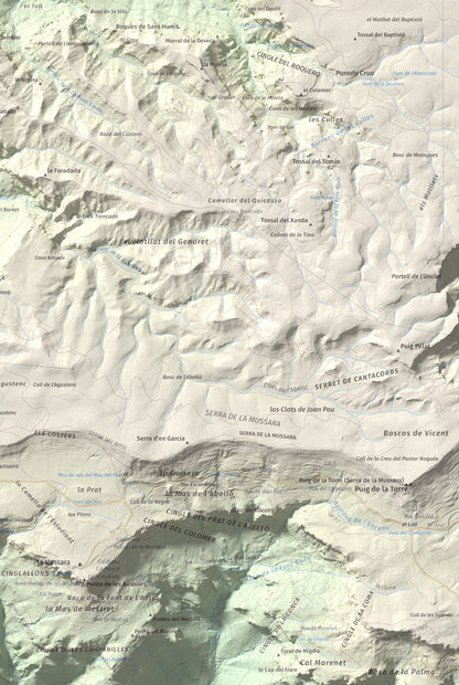 Mapa de relieve de Picorandan, 991 m, Baix Camp, lámina 100 Cims de Trobart. Detalle de la zona inferior derecha. 61 × 91 cm.