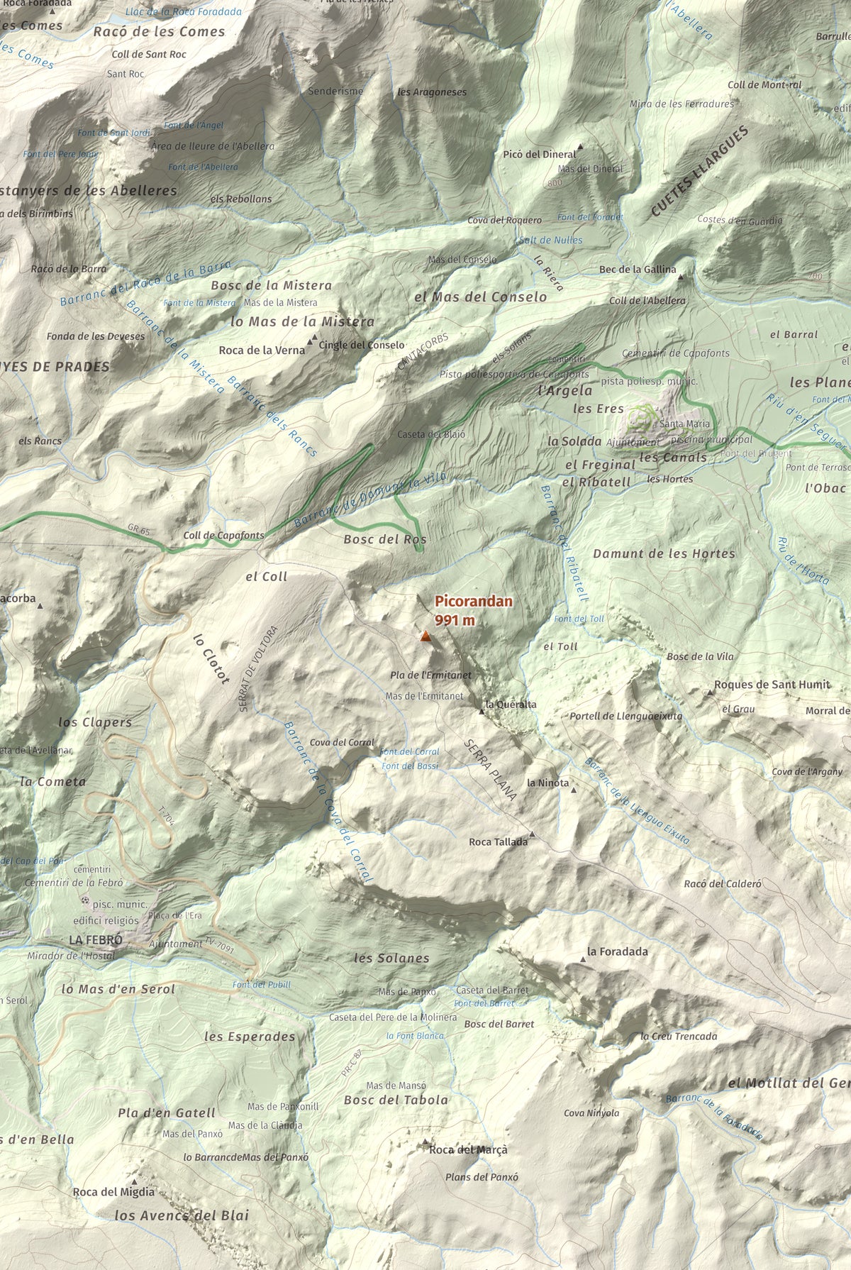 Mapa de relieve de Picorandan, 991 m, Baix Camp, lámina 100 Cims de Trobart. Detalle de la zona central. 61 × 91 cm.
