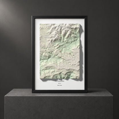 Mapa de relieve de Picorandan, 991 m, Baix Camp, lámina 100 Cims de Trobart. Presentación enmarcada. 70 × 100 cm.