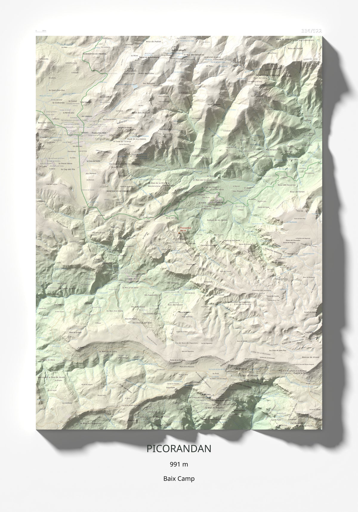 Mapa de relieve de Picorandan, 991 m, Baix Camp, lámina 100 Cims de Trobart 70 × 100 cm.
