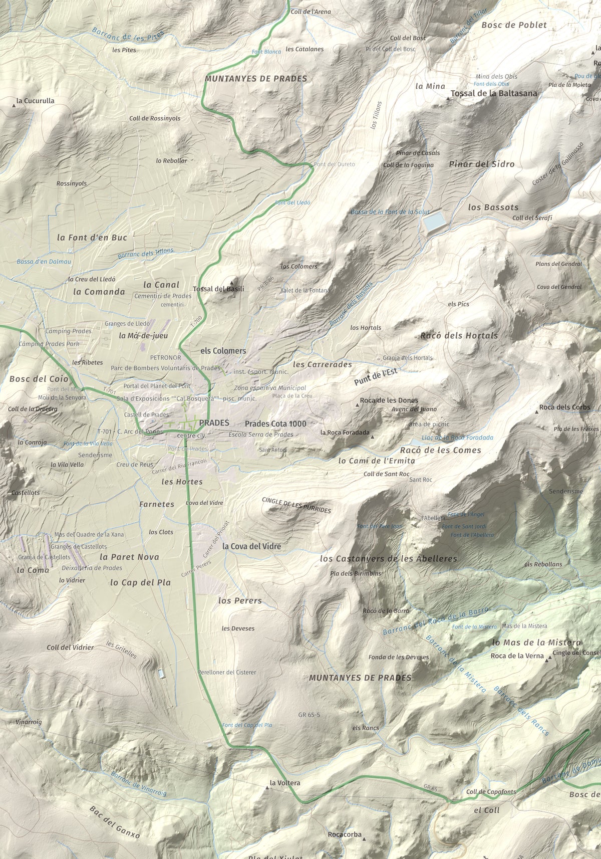 Mapa de relieve de Picorandan, 991 m, Baix Camp, lámina 100 Cims de Trobart. Detalle de la zona superior izquierda. 70 × 100 cm.