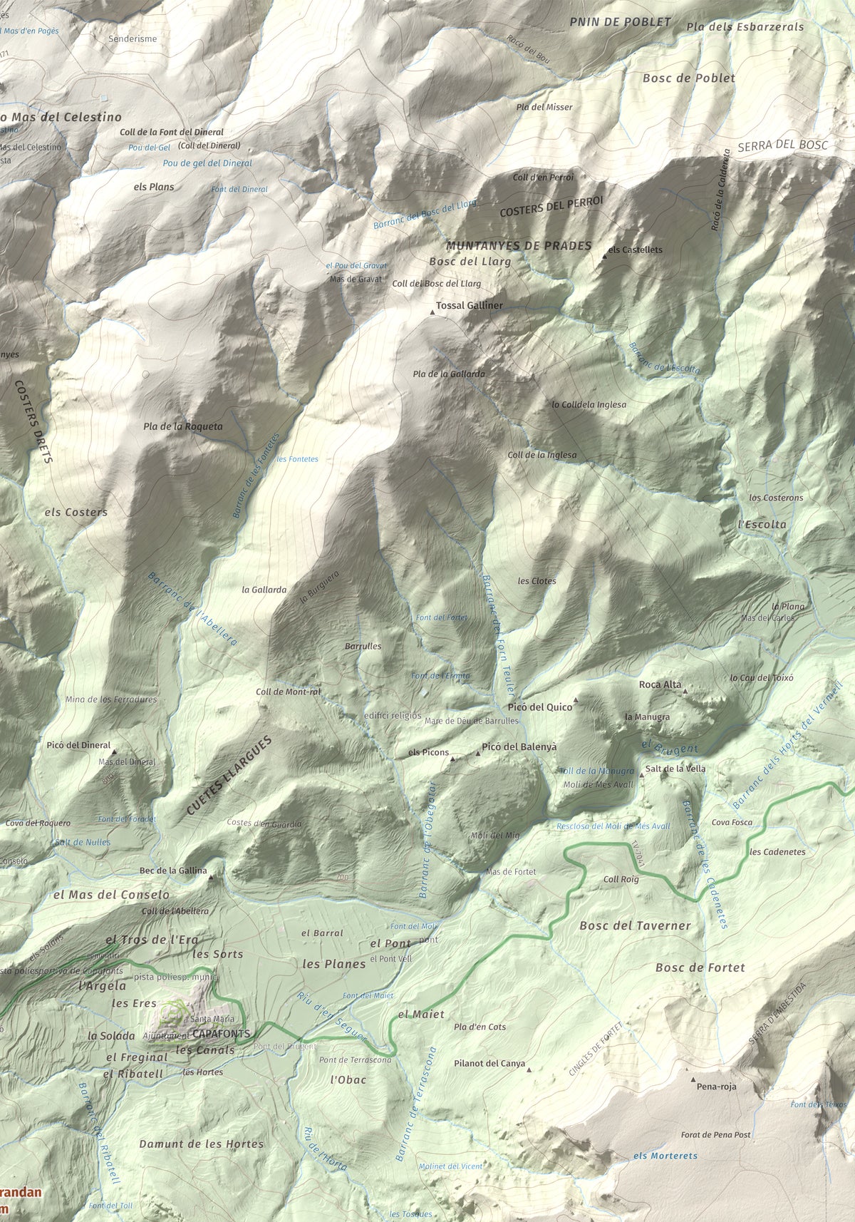 Mapa de relieve de Picorandan, 991 m, Baix Camp, lámina 100 Cims de Trobart. Detalle de la zona superior derecha. 70 × 100 cm.