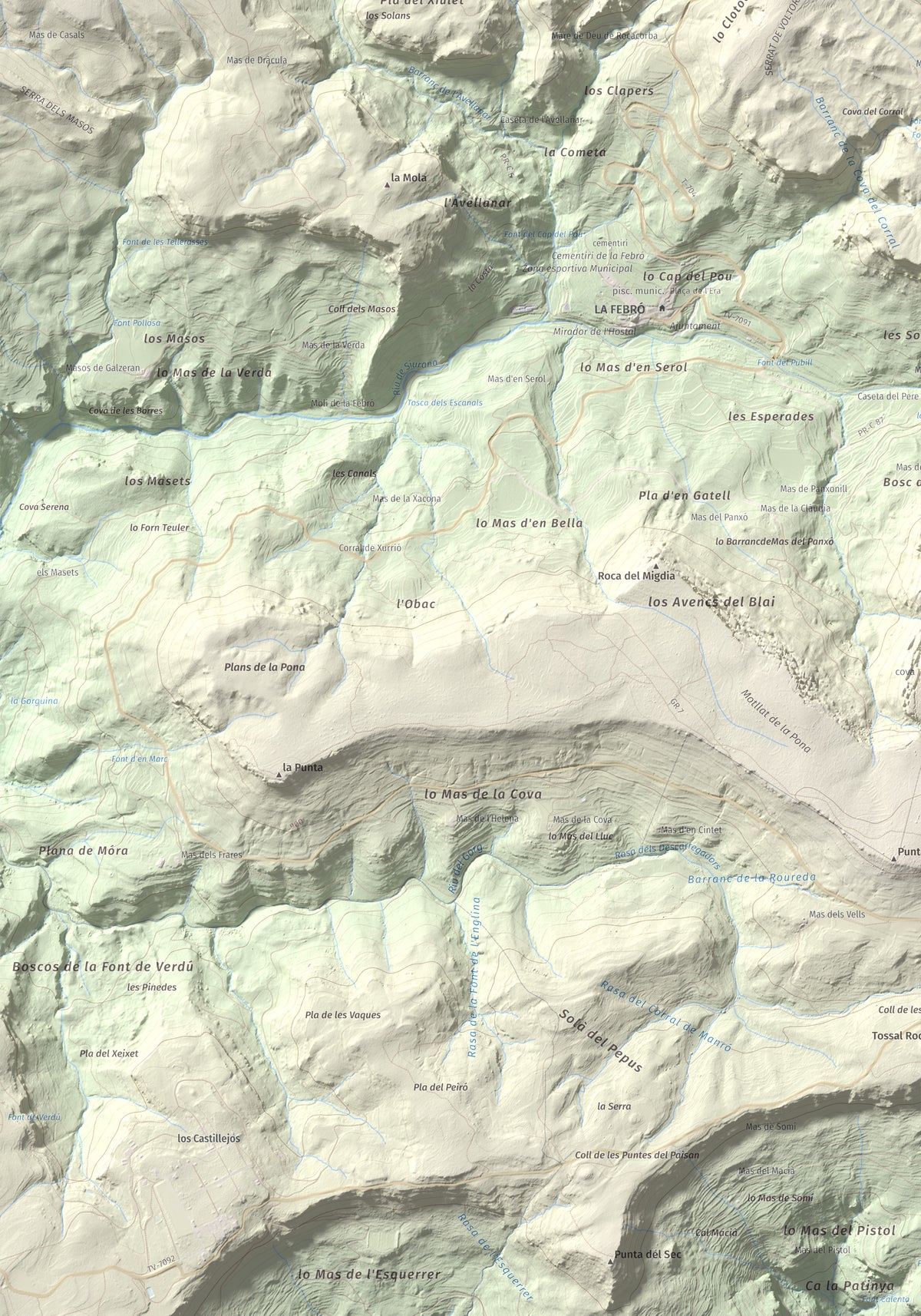 Mapa de relieve de Picorandan, 991 m, Baix Camp, lámina 100 Cims de Trobart. Detalle de la zona inferior izquierda. 70 × 100 cm.