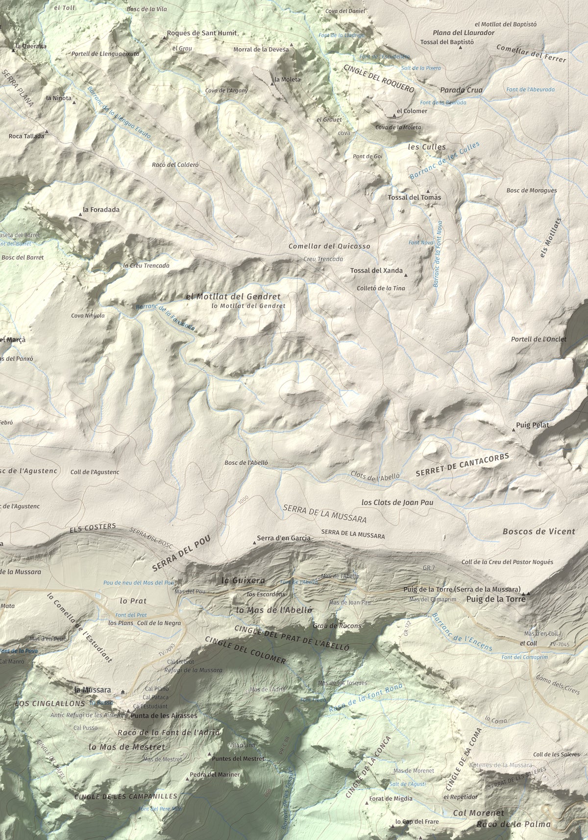 Mapa de relieve de Picorandan, 991 m, Baix Camp, lámina 100 Cims de Trobart. Detalle de la zona inferior derecha. 70 × 100 cm.