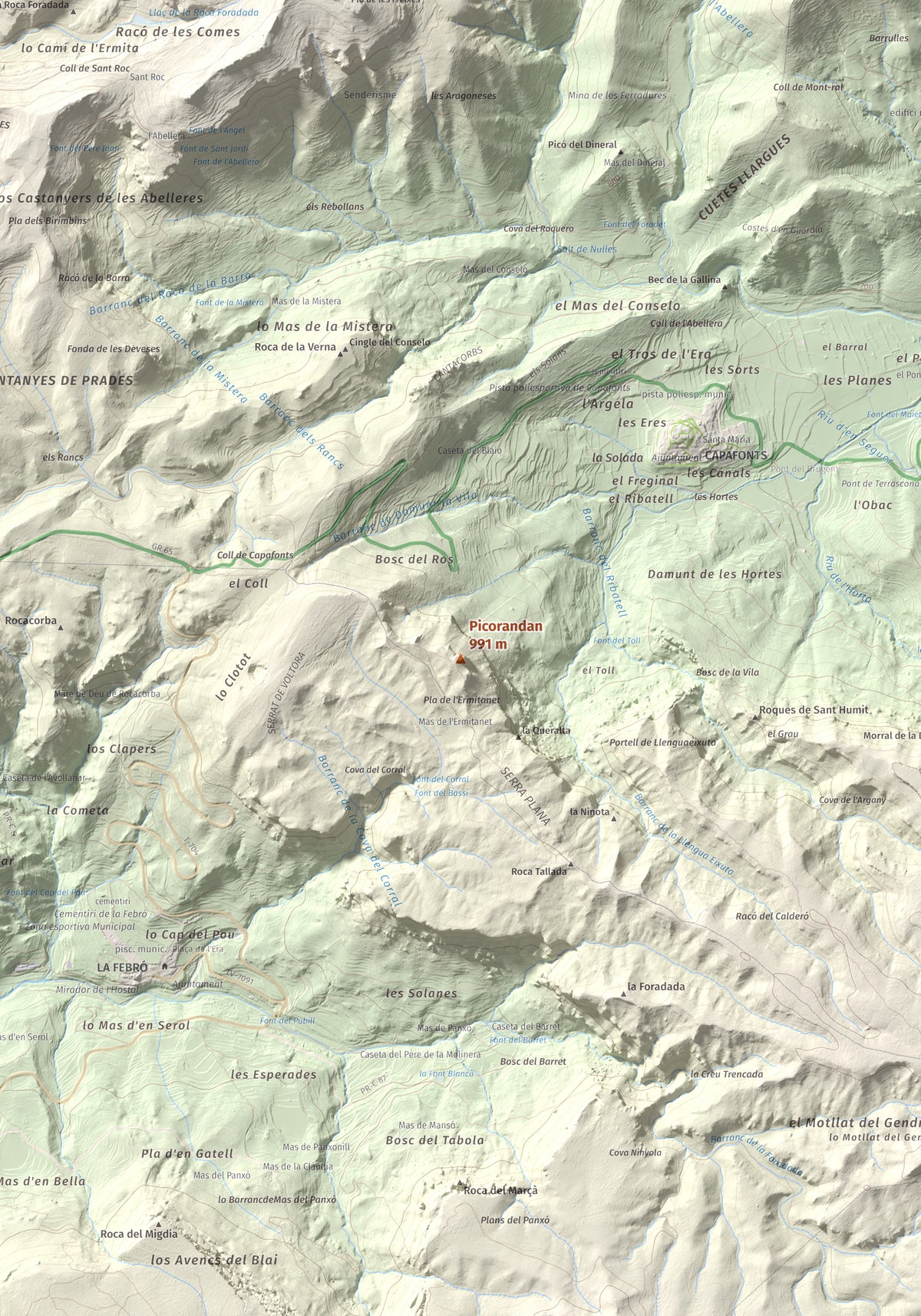 Mapa de relieve de Picorandan, 991 m, Baix Camp, lámina 100 Cims de Trobart. Detalle de la zona central. 70 × 100 cm.