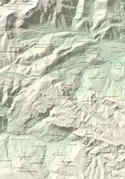 Mapa de relieve de Picorandan, 991 m, Baix Camp, lámina 100 Cims de Trobart. Detalle de la zona central. 70 × 100 cm.