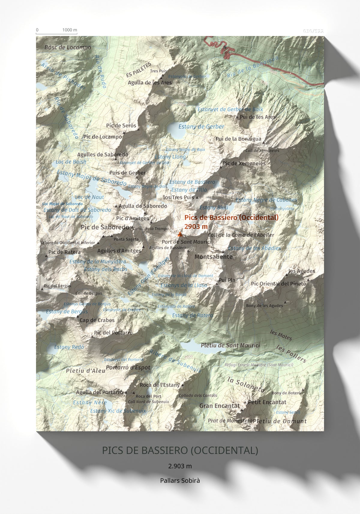 Mapa de relieve de Pics de Bassiero (Occidental), 2903 m, Pallars Sobirà, lámina 100 Cims de Trobart 21 × 30 cm.