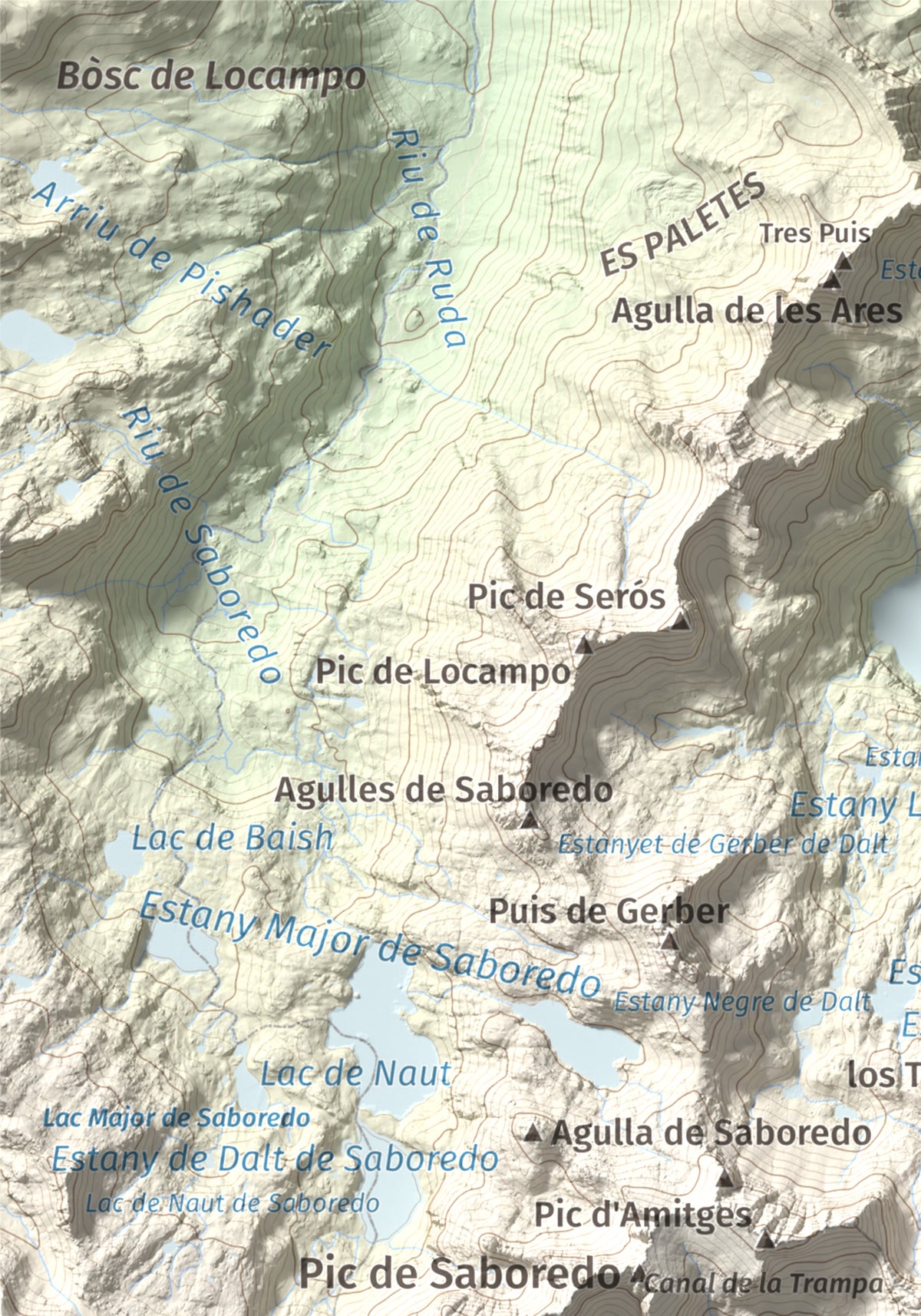Mapa de relieve de Pics de Bassiero (Occidental), 2903 m, Pallars Sobirà, lámina 100 Cims de Trobart. Detalle de la zona superior izquierda. 21 × 30 cm.
