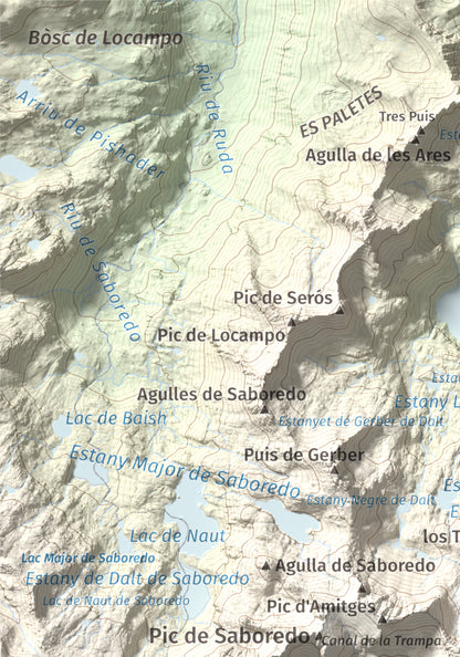 Mapa de relieve de Pics de Bassiero (Occidental), 2903 m, Pallars Sobirà, lámina 100 Cims de Trobart. Detalle de la zona superior izquierda. 21 × 30 cm.