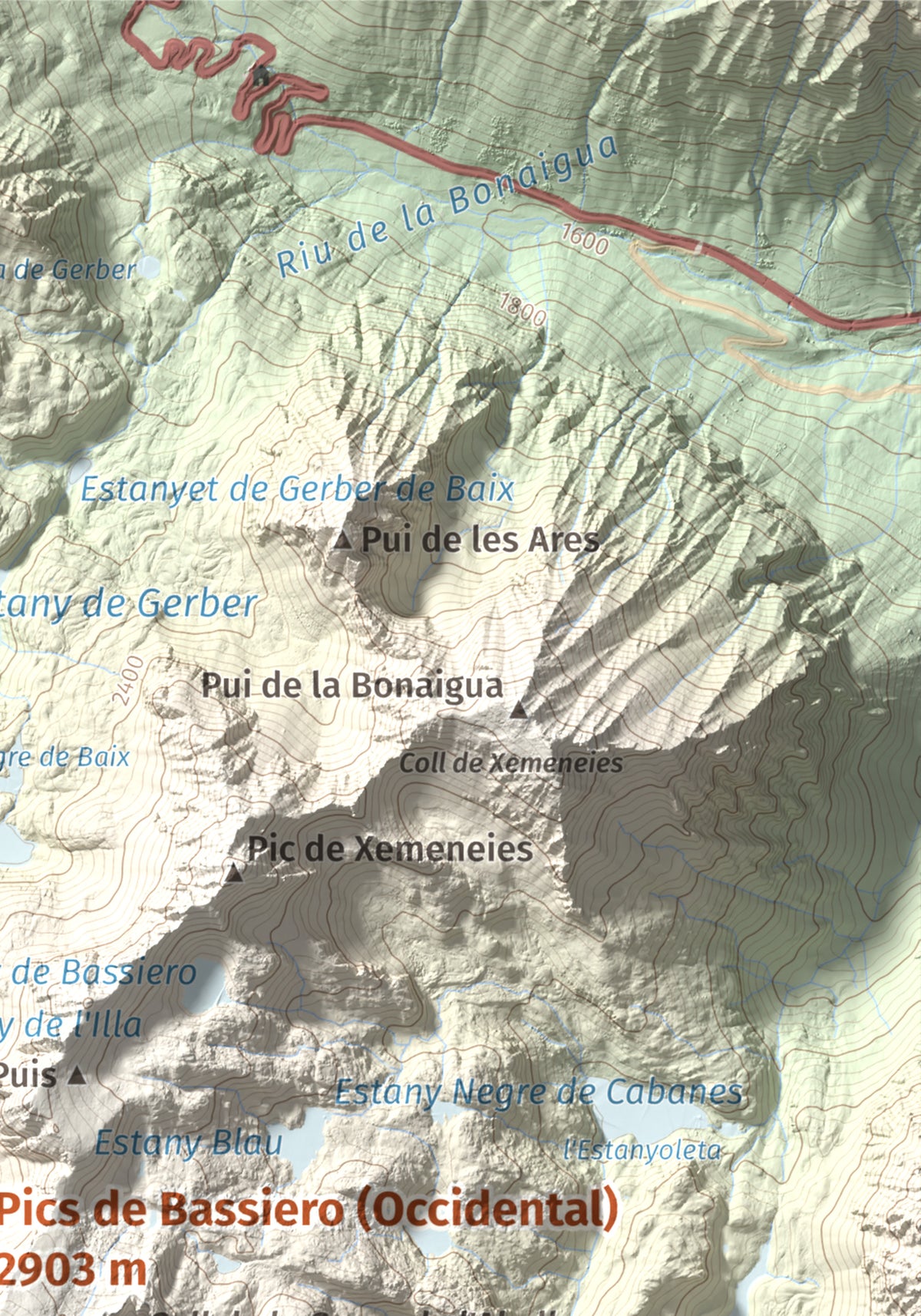 Mapa de relieve de Pics de Bassiero (Occidental), 2903 m, Pallars Sobirà, lámina 100 Cims de Trobart. Detalle de la zona superior derecha. 21 × 30 cm.