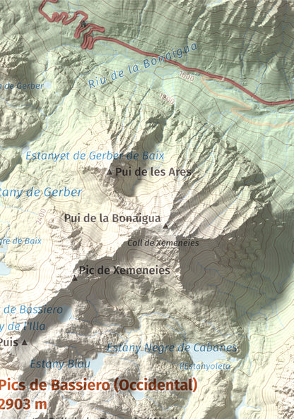 Mapa de relieve de Pics de Bassiero (Occidental), 2903 m, Pallars Sobirà, lámina 100 Cims de Trobart. Detalle de la zona superior derecha. 21 × 30 cm.