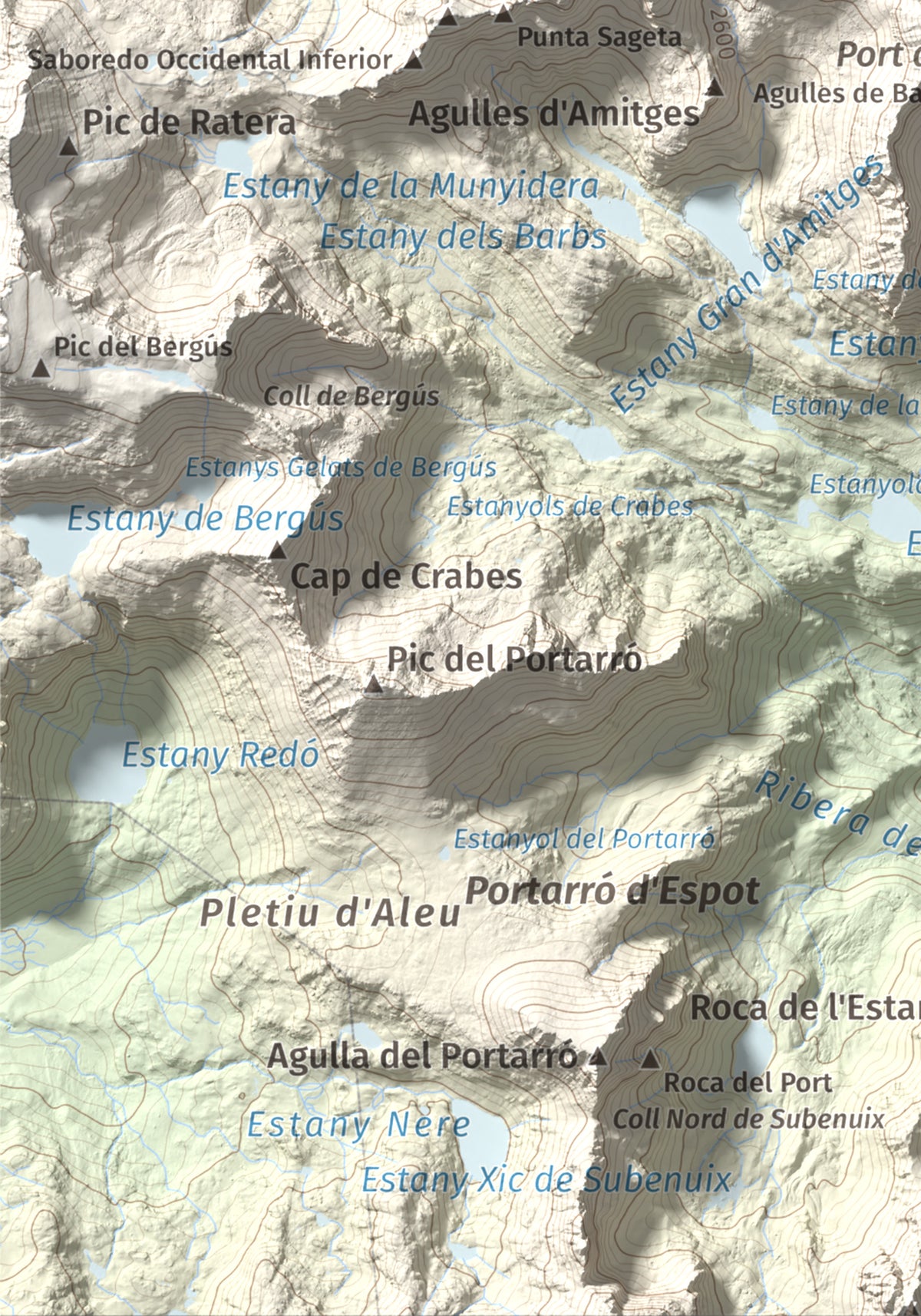 Mapa de relieve de Pics de Bassiero (Occidental), 2903 m, Pallars Sobirà, lámina 100 Cims de Trobart. Detalle de la zona inferior izquierda. 21 × 30 cm.