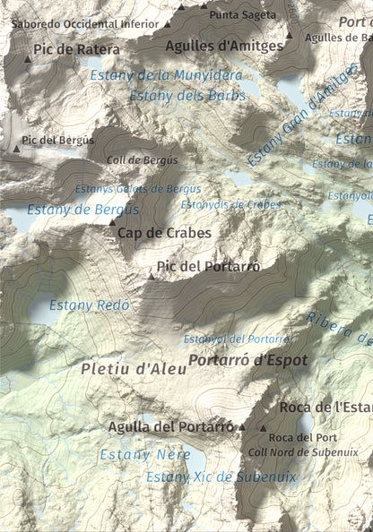 Mapa de relieve de Pics de Bassiero (Occidental), 2903 m, Pallars Sobirà, lámina 100 Cims de Trobart. Detalle de la zona inferior izquierda. 21 × 30 cm.