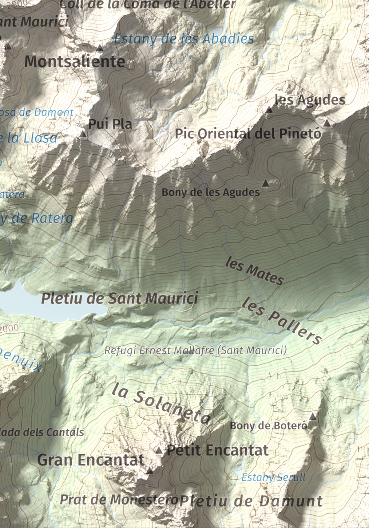 Mapa de relieve de Pics de Bassiero (Occidental), 2903 m, Pallars Sobirà, lámina 100 Cims de Trobart. Detalle de la zona inferior derecha. 21 × 30 cm.