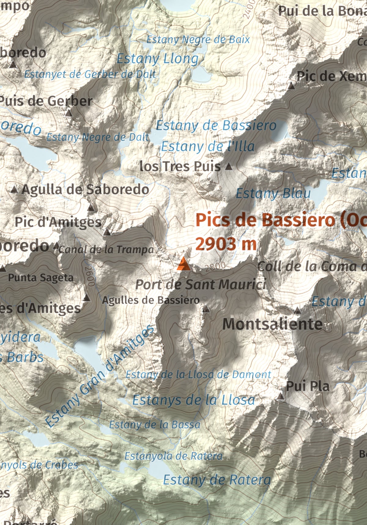 Mapa de relieve de Pics de Bassiero (Occidental), 2903 m, Pallars Sobirà, lámina 100 Cims de Trobart. Detalle de la zona central. 21 × 30 cm.