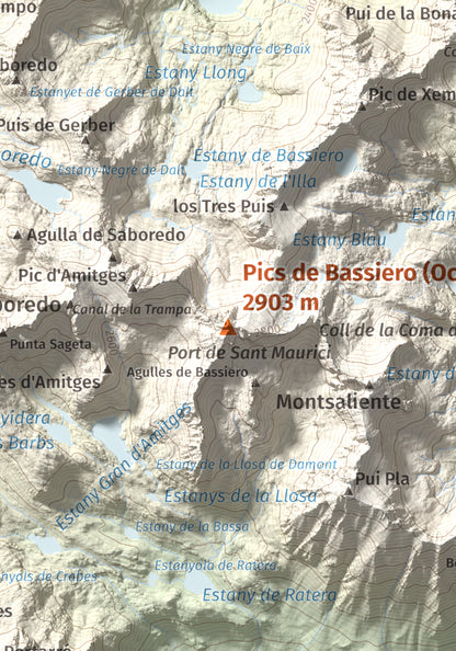 Mapa de relieve de Pics de Bassiero (Occidental), 2903 m, Pallars Sobirà, lámina 100 Cims de Trobart. Detalle de la zona central. 21 × 30 cm.