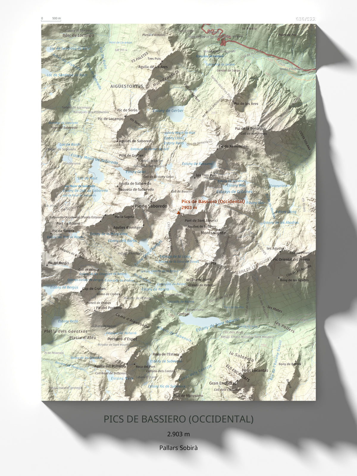 Mapa de relieve de Pics de Bassiero (Occidental), 2903 m, Pallars Sobirà, lámina 100 Cims de Trobart 30 × 40 cm.
