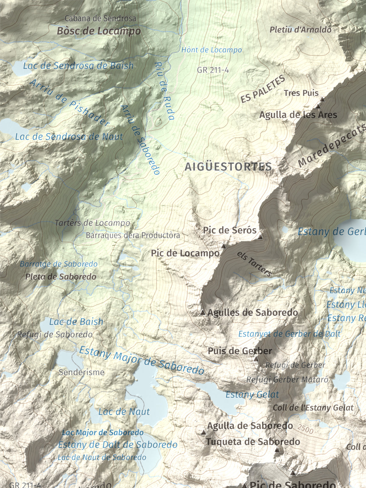 Mapa de relieve de Pics de Bassiero (Occidental), 2903 m, Pallars Sobirà, lámina 100 Cims de Trobart. Detalle de la zona superior izquierda. 30 × 40 cm.