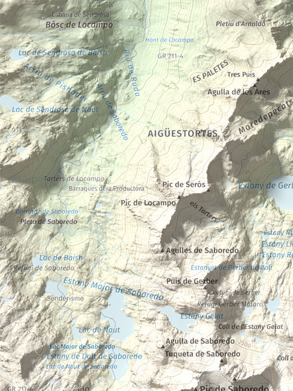 Mapa de relieve de Pics de Bassiero (Occidental), 2903 m, Pallars Sobirà, lámina 100 Cims de Trobart. Detalle de la zona superior izquierda. 30 × 40 cm.