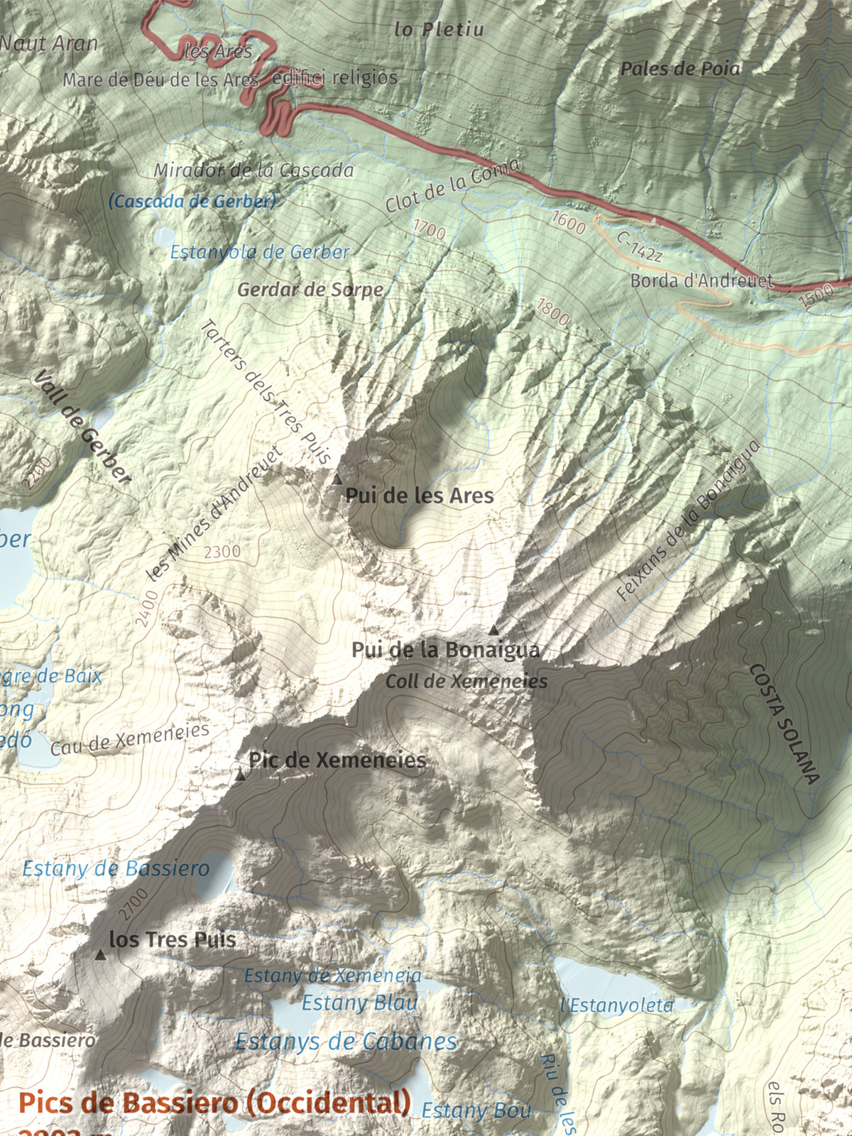 Mapa de relieve de Pics de Bassiero (Occidental), 2903 m, Pallars Sobirà, lámina 100 Cims de Trobart. Detalle de la zona superior derecha. 30 × 40 cm.