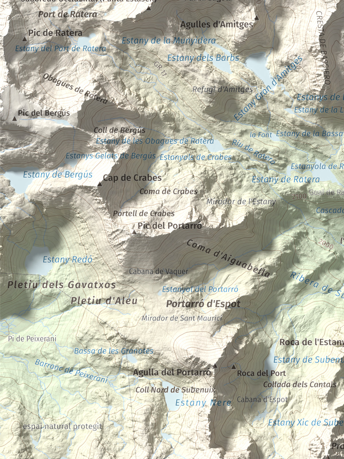Mapa de relieve de Pics de Bassiero (Occidental), 2903 m, Pallars Sobirà, lámina 100 Cims de Trobart. Detalle de la zona inferior izquierda. 30 × 40 cm.