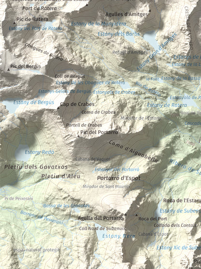Mapa de relieve de Pics de Bassiero (Occidental), 2903 m, Pallars Sobirà, lámina 100 Cims de Trobart. Detalle de la zona inferior izquierda. 30 × 40 cm.