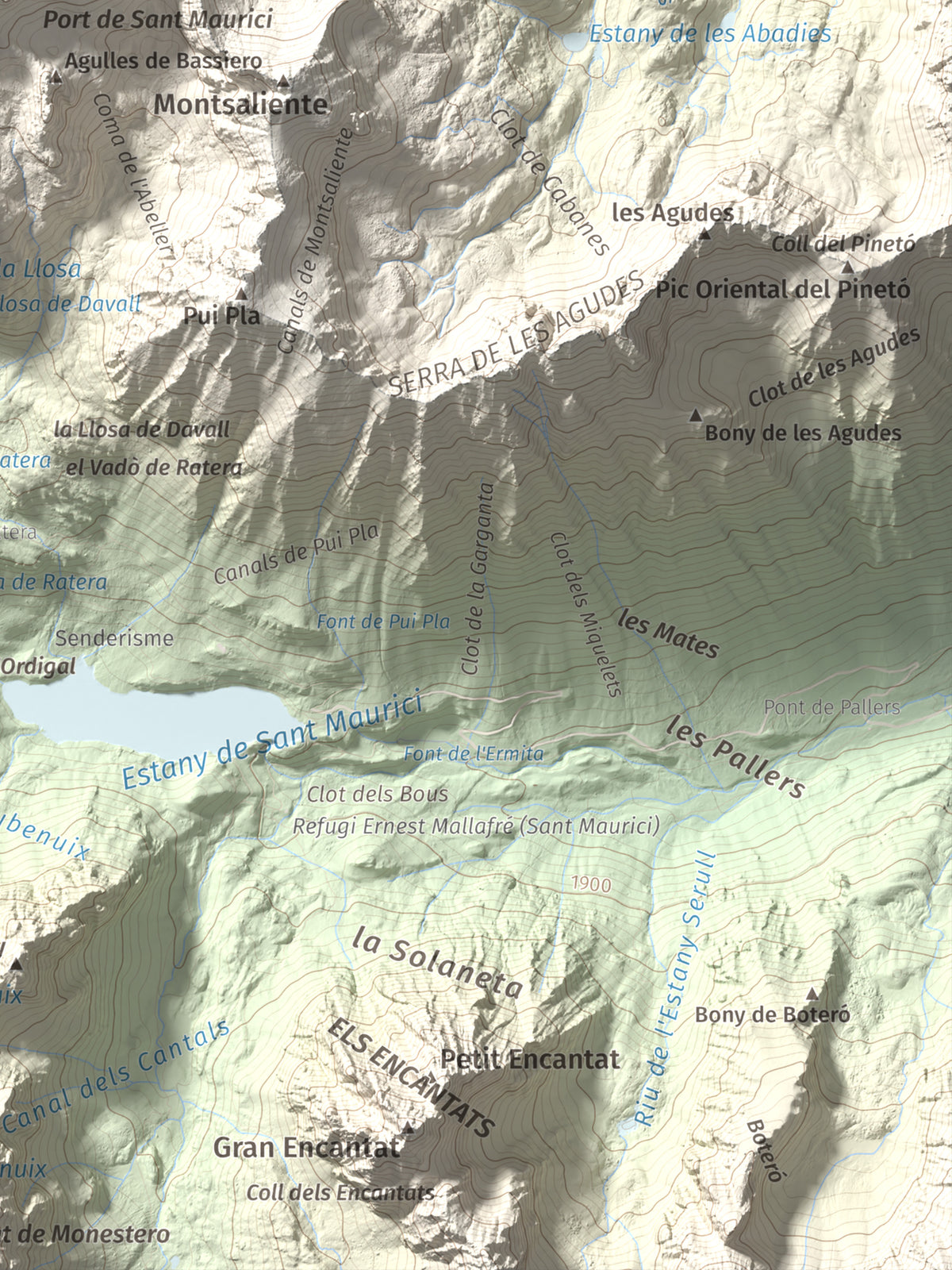 Mapa de relieve de Pics de Bassiero (Occidental), 2903 m, Pallars Sobirà, lámina 100 Cims de Trobart. Detalle de la zona inferior derecha. 30 × 40 cm.