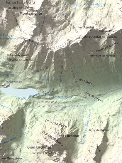 Mapa de relieve de Pics de Bassiero (Occidental), 2903 m, Pallars Sobirà, lámina 100 Cims de Trobart. Detalle de la zona inferior derecha. 30 × 40 cm.