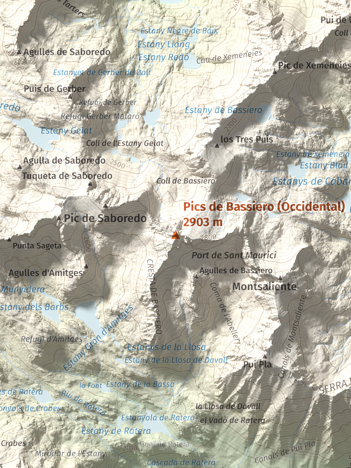 Mapa de relieve de Pics de Bassiero (Occidental), 2903 m, Pallars Sobirà, lámina 100 Cims de Trobart. Detalle de la zona central. 30 × 40 cm.