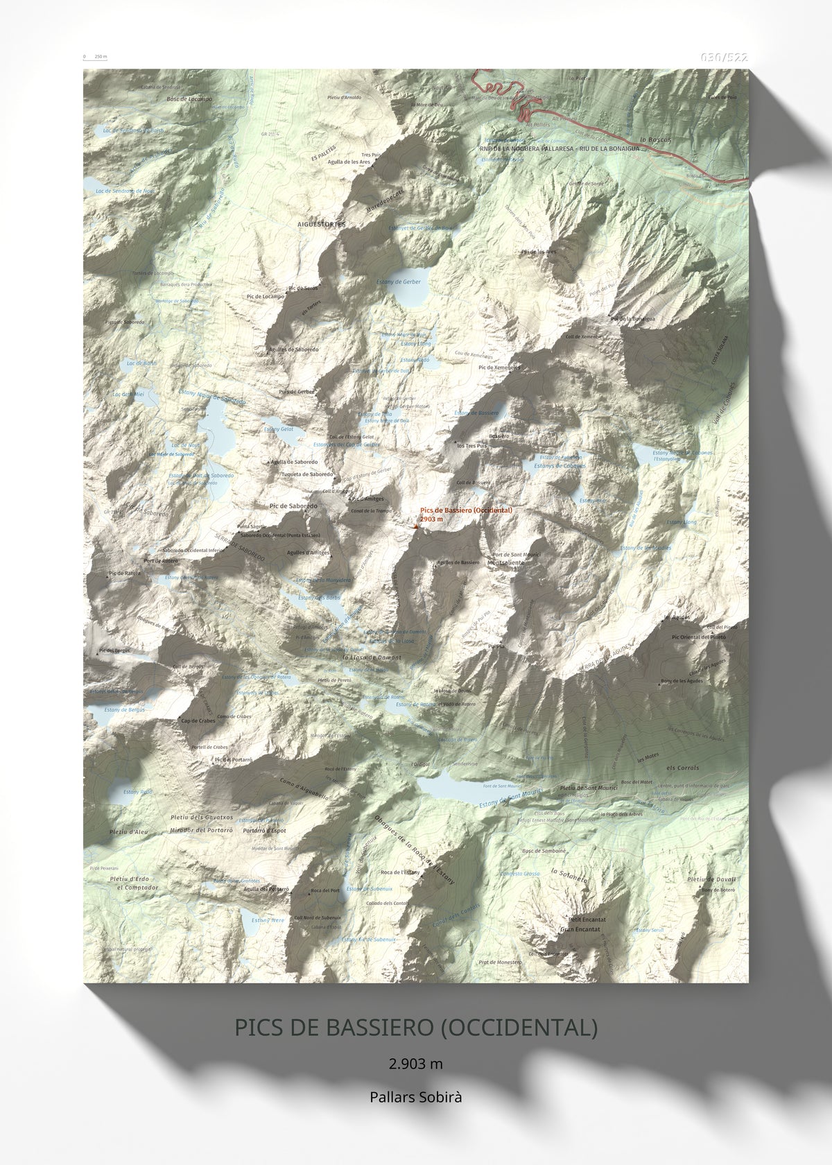 Mapa de relieve de Pics de Bassiero (Occidental), 2903 m, Pallars Sobirà, lámina 100 Cims de Trobart 50 × 70 cm.