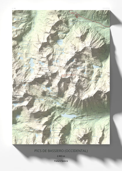 Mapa de relieve de Pics de Bassiero (Occidental), 2903 m, Pallars Sobirà, lámina 100 Cims de Trobart 50 × 70 cm.