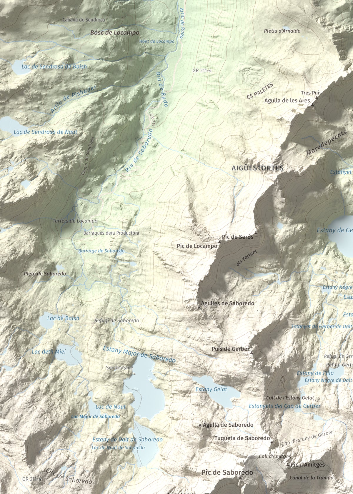 Mapa de relieve de Pics de Bassiero (Occidental), 2903 m, Pallars Sobirà, lámina 100 Cims de Trobart. Detalle de la zona superior izquierda. 50 × 70 cm.
